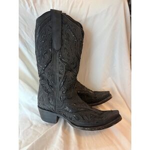 J.B Dillion Black Leather Sequin Overlay Western Snip Toe Boots Mens 7.5